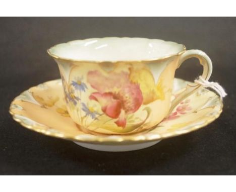Victorian Royal Worcester 'Shot Enamel' cup saucer hand painted floral pattern cup and saucer, marked to base and # 5283, Rd 