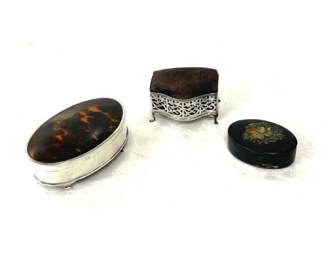 Silver tortoise shell trinket box, small silver ornate trinket box, paper mache box, largest measures approximately Height 2.