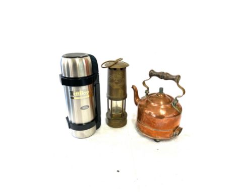 Vintage copper electric kettle, Miners lamp and Tuft box flask 