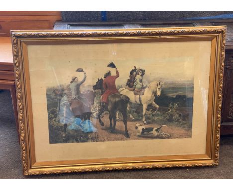 Gilt framed hunting print measures approx 28 inches tall 38.5" wide 
