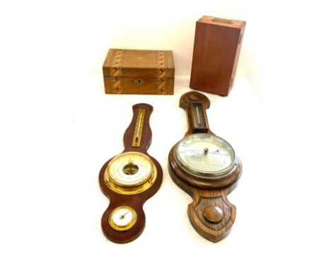 2 Vintage wall hanging barometers, 2 small wooden boxes, a/f 
