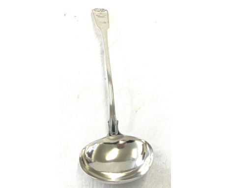 Large Edinburgh sterling silver soup ladle, Jersey military interest, handle engraved with Strung bugle and later marked Corb
