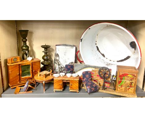Shelf of miscellaneous items to include Silver plate, dolls house furniture a/f, snooker cue etc 
