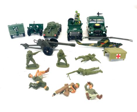 Selection of army vehicles/ figures includes Britains SWB Land rover,Corgi Saladin armoured car, Brittains jeep, Corgi Bell-A