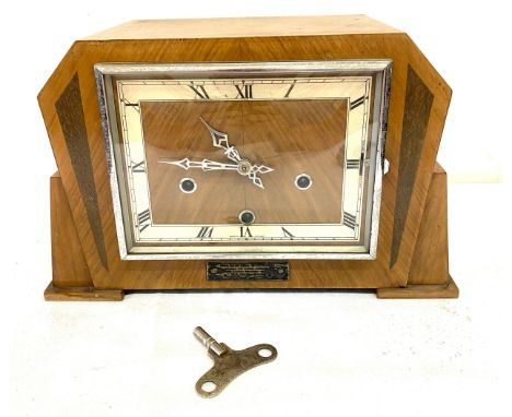 Wooden art deco style mantel clock, untested with key, approximate measurements: Height 9 inches, Width 14 inches, Depth 7 in