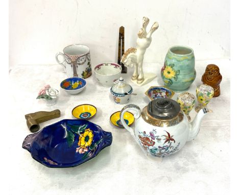 Selection of collectables to include a Goldscheider horse, Radford vase, oriental bowls,  pewter lidded teapot,  szeiler call