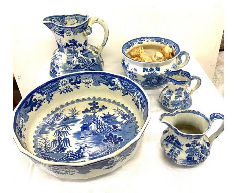 Selection of vintage blue and white pottery includes jugs, bowls etc 