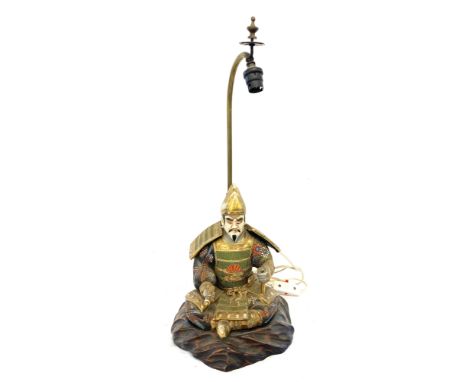 Vintage oriental samurai lamp, untested, in need of rewiring, height 22 inches, missing glass shade 