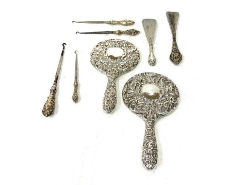 Silver hallmarked dressing table mirror, button hooks, shoe horns etc 