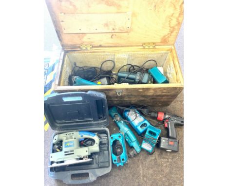 Large wooden tool chest to include a selection of electrical tools, all untested. 