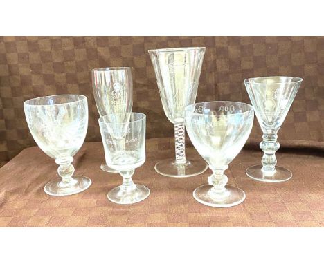 6 Vintage commemorative glasses includes crystal and etched glasses 