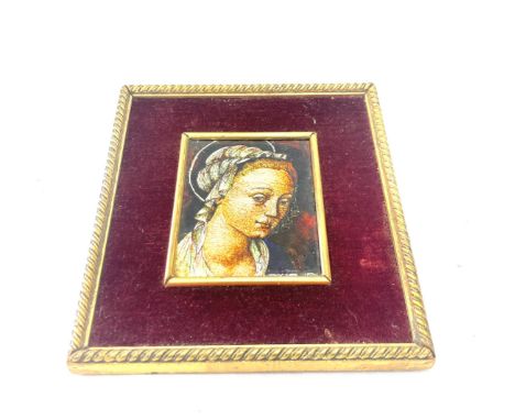 Limoges enamel type picture of a lady enamel part measures approximately 12 x 9cm, framed 