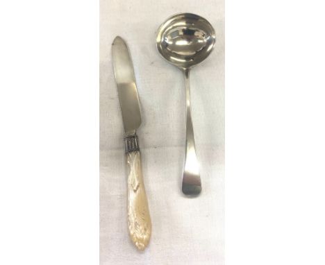 Hallmarked silver ladle and a silver and mother of pearl knife total weight 80grams 