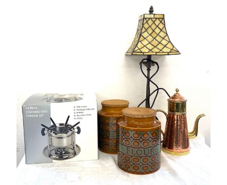Selection of miscellaneous to include 10 piece S/s fondue set, lamp, flour jars etc 