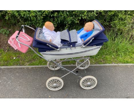 Vintage small silver cross twin pram with dolls 