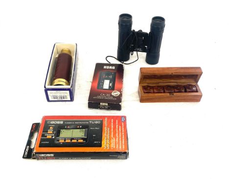 Tasco 25 x 300 mm scope, Korg CA-30 Chromatic Tuner Accordeur Chromatique, Boss TU-80 battery operated digital tuner and metr