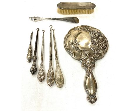 Selection of silver dressing table mirrors, button hooks etc 