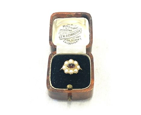 Victorian style 9ct gold seed pearl and garnet ladies ring, 