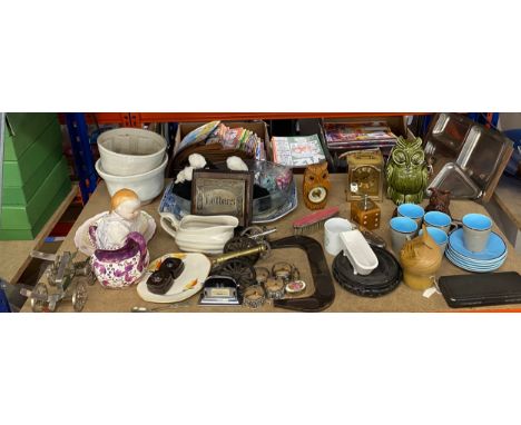 Selection of assorted items to include pottery, carriage clock, grinder, silver brush etc 