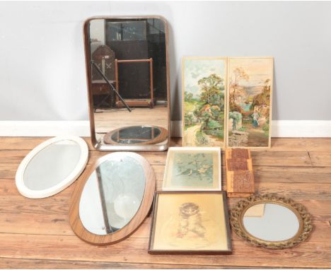 Four vintage mirrors, together with a collection of pictures and prints; including two oil on board examples signed P. Alexan