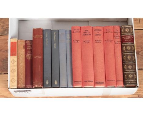 A box of vintage and antique books. Includes Poetical Works of Alfred Lord Tennyson, Albion Edition, 1906, Arthur Conan Doyle
