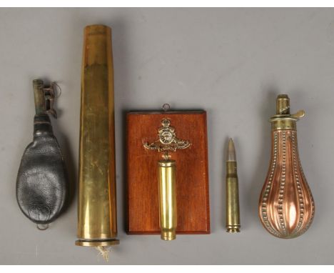 A Victorian James Dixon &amp; Sons copper powder flask, bearing lozenge mark, together with one other and a small collection 