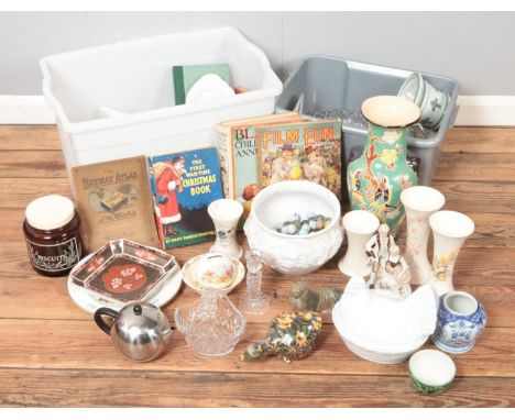 Two boxes of miscellaneous collectables including vintage marbles, various children's books, cut glass dishes and candle stic