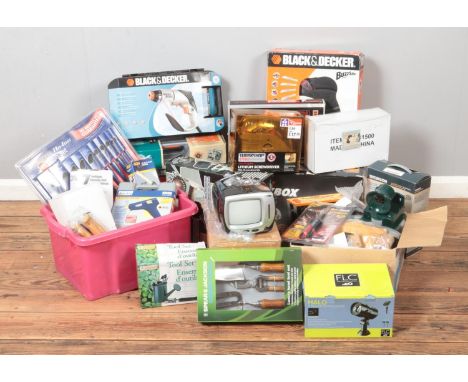 A collection of DIY tools and equipment including Black and Decker Quattro, Cordless screw driver and scissor set, Cordless a