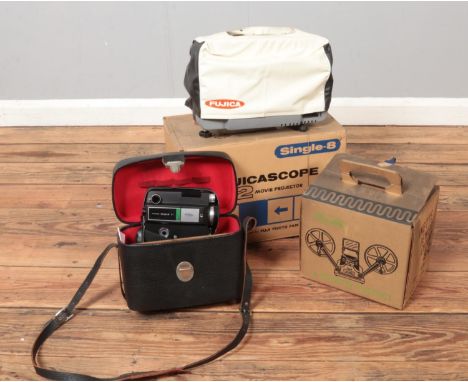 A collection of photographic equipment. Includes Fujicascope M2 Single 8 movie projector, Minette Viewer Editor S2 and Fujica