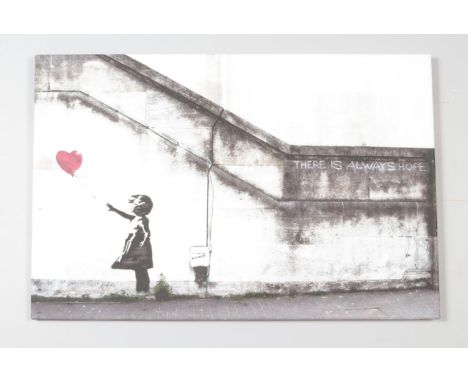 After Banksy, a framed print on canvas, Balloon Girl, There Is Always Hope. 51cm x 77cm.  