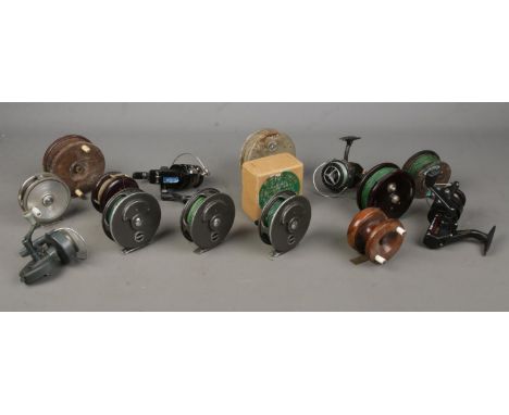 A large collection of vintage fishing reels, to include Intrepid De-Luxe, Ryobi GB2 and Sundridge Minor Miracle.  