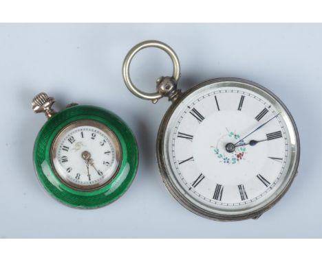 Two silver fob watches. Includes silver and guilloche enamel example along with a Continental example.  Enamel example tests 