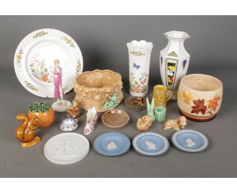 A tray of assorted ceramics to include Royal Copenhagen Autumn relief plaque, Slyvac, Aynsley Anniversary Collection, Coalpor