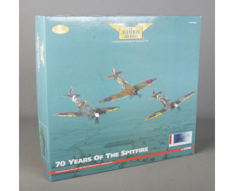 A boxed Corgi The Aviation Archive 1:72 Scale diecast model plan set. 70 Years of The Spitfire, Johnnie Johnson 3 Piece Set, 