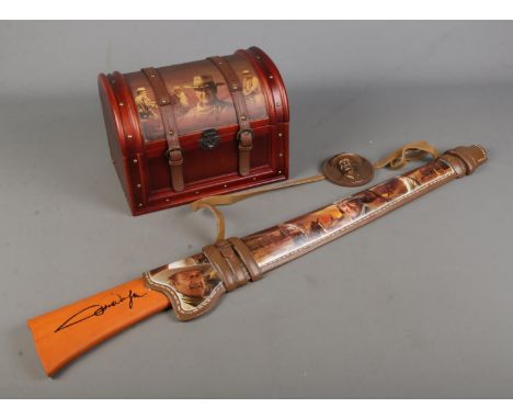 A boxed The Bradford Exchange  John Wayne Stagecoach Trunk Valet Box together with Legends of the West replica rifle wall pla