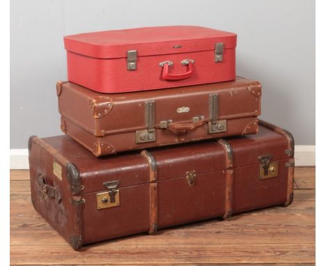 Two vintage suitcases; Paxall and Topflite, together with a wooden bound travel trunk.  