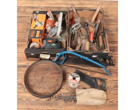 Two boxes of tools. Includes Black &amp; Decker power tools, vintage sieve, hand saws etc.  