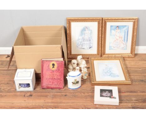 A box of miscellaneous to include Ringtons, Royal Doulton, Charles Dickens books, Royal Worcester Splendor at Court Prints, W