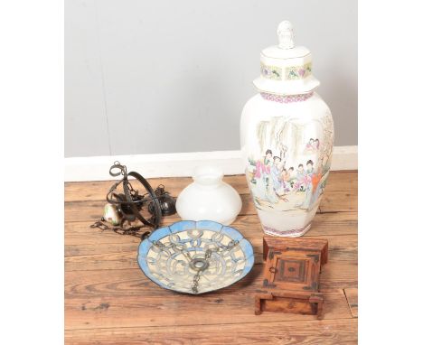 A collection of miscellaneous to include oriental lidded vase, two glass light fittings and small wooden wall mounted cabinet