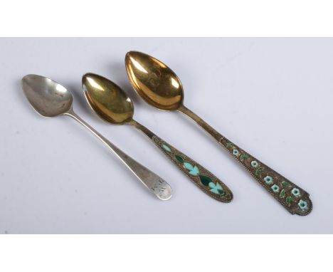 Two 875 silver and enamel, possibly Russian spoons with floral deocration, together with a silver teaspoon bearing Georgian h
