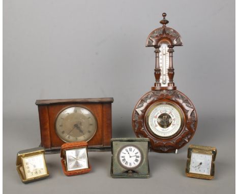 A collections of clocks, together with an R.Farr &amp; Sons Doncaster carved aneroid barometer. To include manual wind and Es