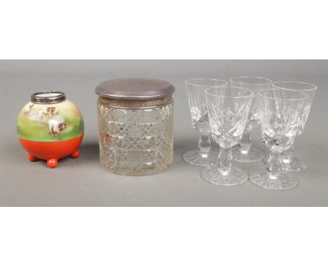 A silver lidded cut glass jar along with silver rimmed Royal Bayreuth vase and five cut glass sherry glasses  