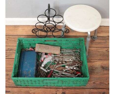 A quantity of hand tools including a socket set, spanners,  Allen keys, screwdrivers, workshop stool etc  