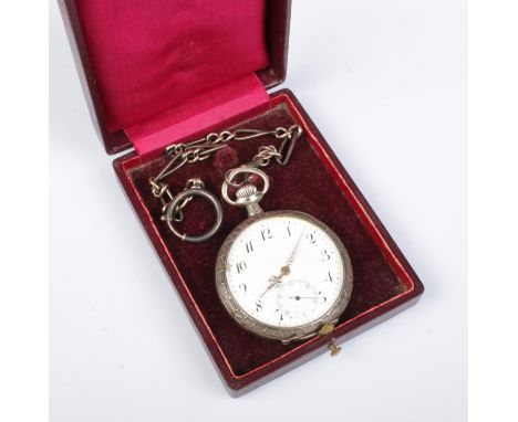 A continental silver Ancre De Precision pocket watch in case.  Running. Cracking to enamel dial.