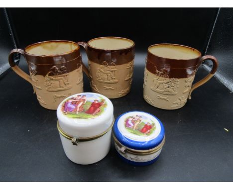 Doulton Lambeth stoneware mugs and 2 ceramic lidded pots