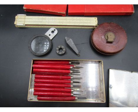 military issued vintage tape measure, technical rule, carpenters tools and weights&nbsp;