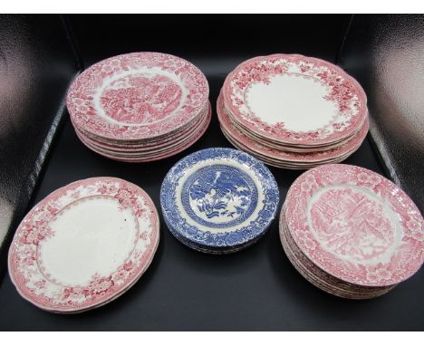 Ironstone willow pattern china/ The Constable Services Bicentennial 1776-1976 (pink) plus an oval platter&nbsp;