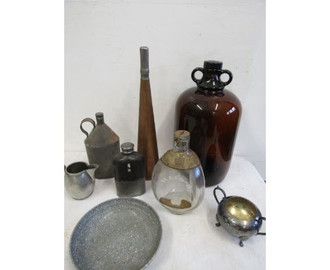 glass and leather hip flask, copper horn, oil can, Haig whiskey bottle etc&nbsp;