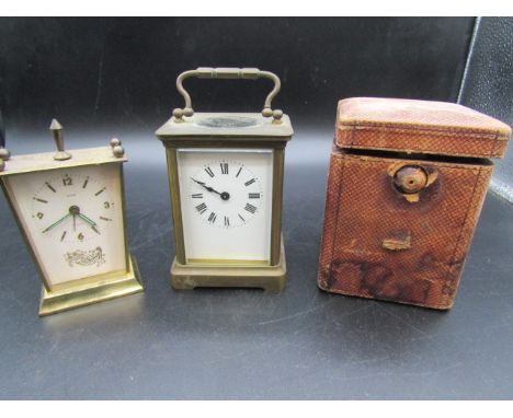 Brass French carriage clock with key, Azur 7 jewel clock and a vintage clock case&nbsp;