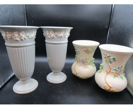 A pair Wedgwood vases (one chipped as pics) 27cmH and a pair Crown Devon vases